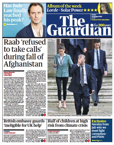 The Guardian Newspaper Front Page (UK) for 20 August 2021