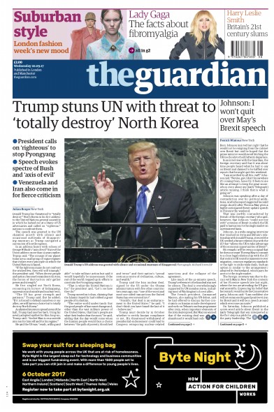 The Guardian Newspaper Front Page (UK) for 20 September 2017