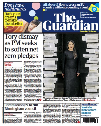 The Guardian Newspaper Front Page (UK) for 20 September 2023