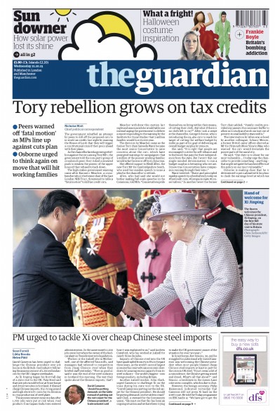The Guardian Newspaper Front Page (UK) for 21 October 2015