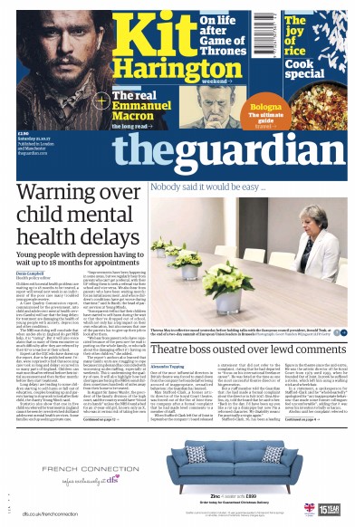 The Guardian Newspaper Front Page (UK) for 21 October 2017