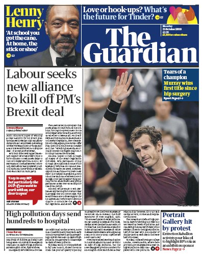 The Guardian Newspaper Front Page (UK) for 21 October 2019