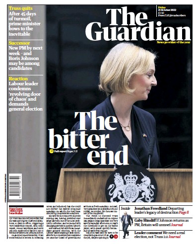 The Guardian Newspaper Front Page (UK) for 21 October 2022