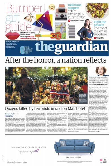 The Guardian Newspaper Front Page (UK) for 21 November 2015