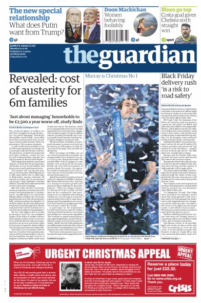 The Guardian Newspaper Front Page (UK) for 21 November 2016