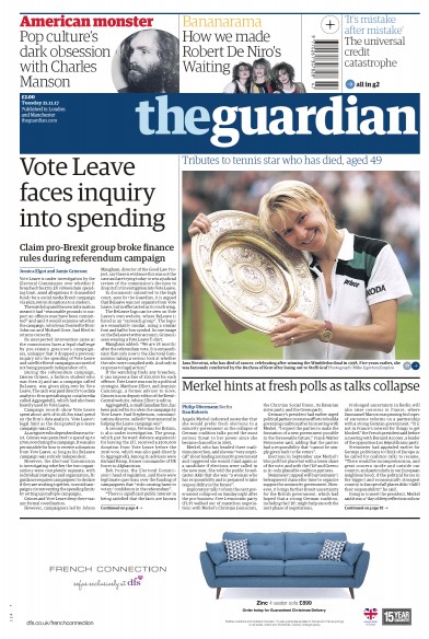 The Guardian Newspaper Front Page (UK) for 21 November 2017