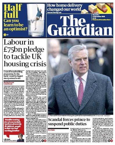 The Guardian Newspaper Front Page (UK) for 21 November 2019