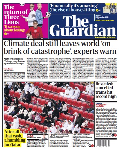 The Guardian Newspaper Front Page (UK) for 21 November 2022