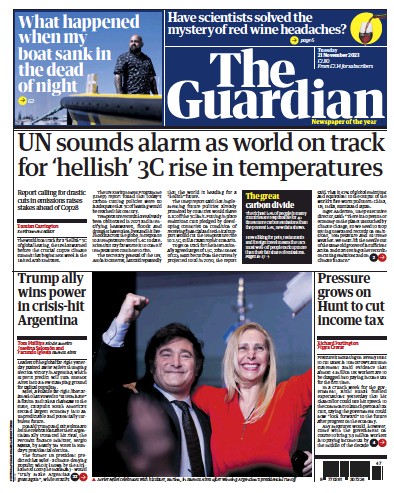 The Guardian Newspaper Front Page (UK) for 21 November 2023