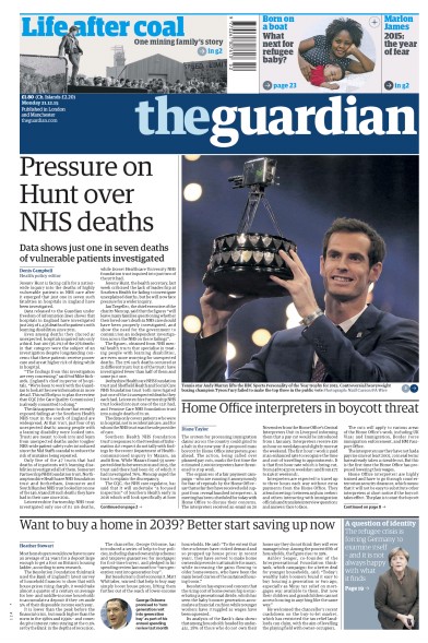 The Guardian Newspaper Front Page (UK) for 21 December 2015