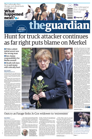 The Guardian Newspaper Front Page (UK) for 21 December 2016