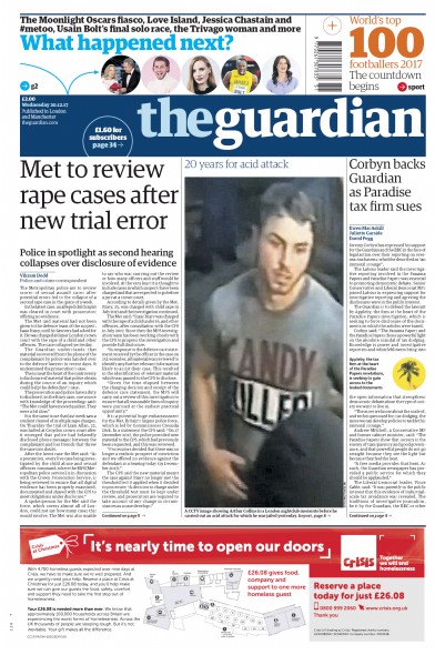 The Guardian Newspaper Front Page (UK) for 21 December 2017