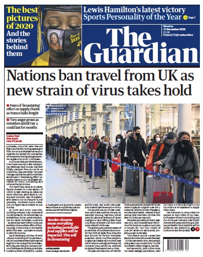 The Guardian Newspaper Front Page (UK) for 21 December 2020