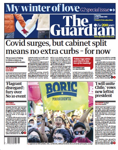 The Guardian Newspaper Front Page (UK) for 21 December 2021