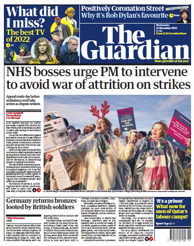 The Guardian Newspaper Front Page (UK) for 21 December 2022