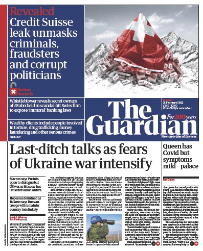 The Guardian Newspaper Front Page (UK) for 21 February 2022