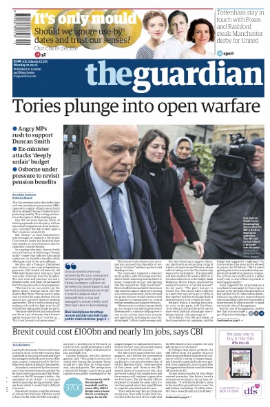 The Guardian Newspaper Front Page (UK) for 21 March 2016