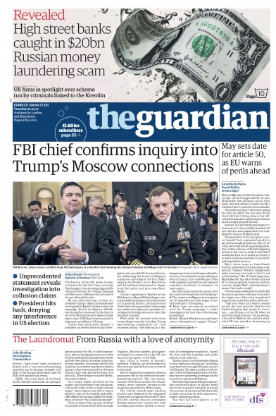 The Guardian Newspaper Front Page (UK) for 21 March 2017