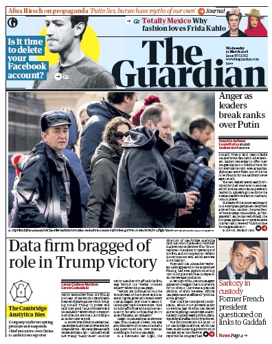 The Guardian Newspaper Front Page (UK) for 21 March 2018
