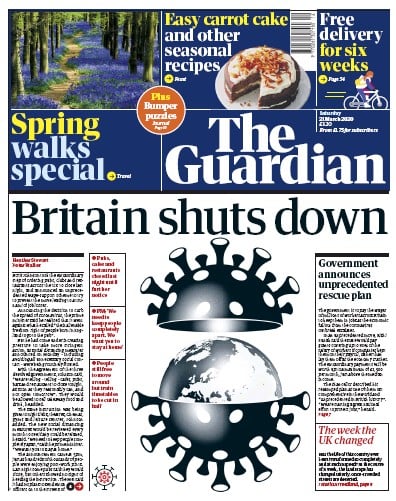 The Guardian Newspaper Front Page (UK) for 21 March 2020