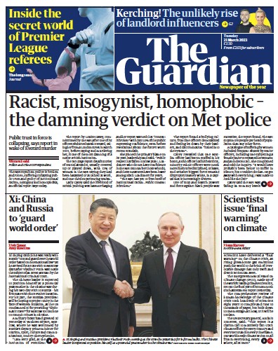 The Guardian Newspaper Front Page (UK) for 21 March 2023
