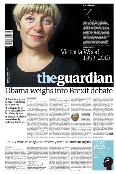 The Guardian Newspaper Front Page (UK) for 21 April 2016