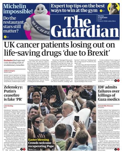 The Guardian Newspaper Front Page (UK) for 21 April 2025