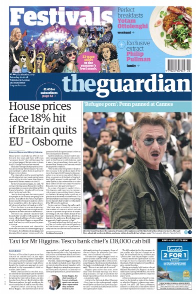 The Guardian Newspaper Front Page (UK) for 21 May 2016