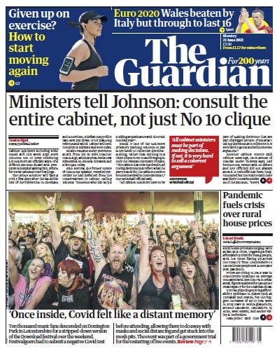 The Guardian Newspaper Front Page (UK) for 21 June 2021