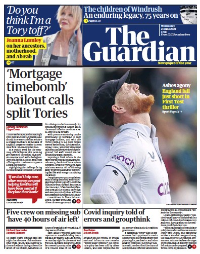 The Guardian Newspaper Front Page (UK) for 21 June 2023