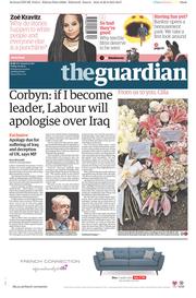 The Guardian Newspaper Front Page (UK) for 21 August 2015