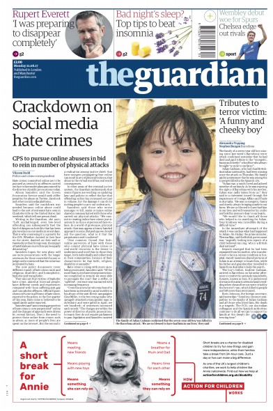 The Guardian Newspaper Front Page (UK) for 21 August 2017