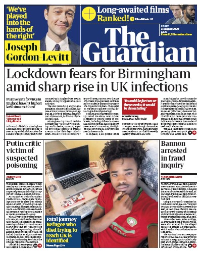 The Guardian Newspaper Front Page (UK) for 21 August 2020
