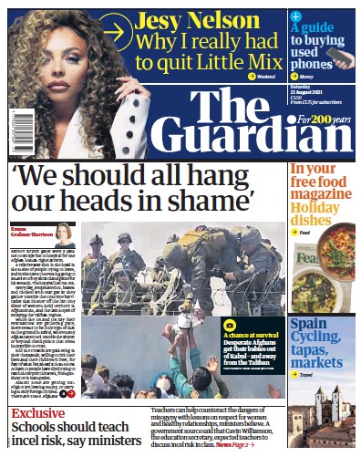 The Guardian Newspaper Front Page (UK) for 21 August 2021
