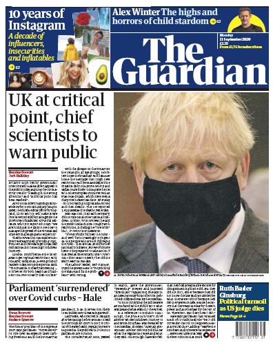 The Guardian Newspaper Front Page (UK) for 21 September 2020