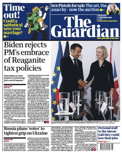 The Guardian Newspaper Front Page (UK) for 21 September 2022
