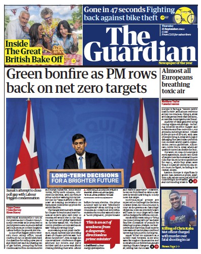 The Guardian Newspaper Front Page (UK) for 21 September 2023