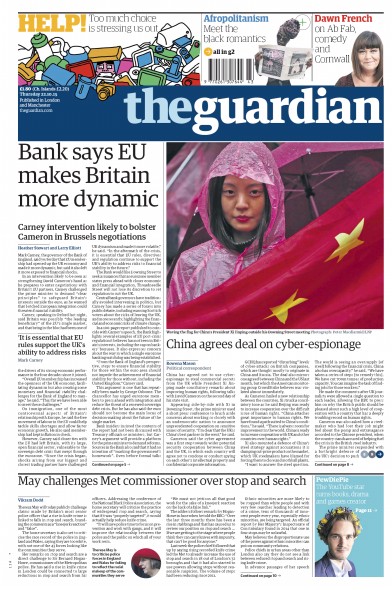 The Guardian Newspaper Front Page (UK) for 22 October 2015