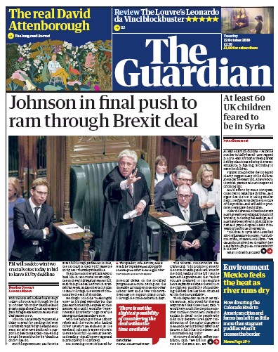 The Guardian Newspaper Front Page (UK) for 22 October 2019