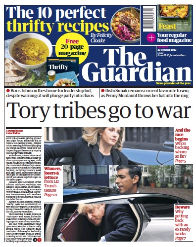 The Guardian Newspaper Front Page (UK) for 22 October 2022