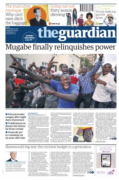 The Guardian Newspaper Front Page (UK) for 22 November 2017