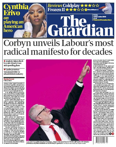 The Guardian Newspaper Front Page (UK) for 22 November 2019