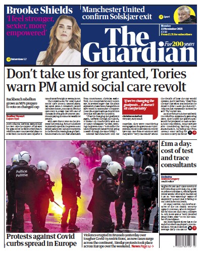 The Guardian Newspaper Front Page (UK) for 22 November 2021