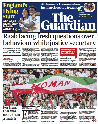 The Guardian Newspaper Front Page (UK) for 22 November 2022