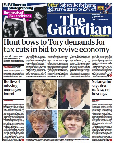 The Guardian Newspaper Front Page (UK) for 22 November 2023