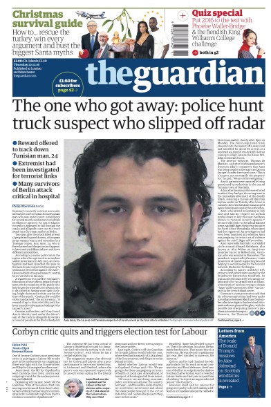 The Guardian Newspaper Front Page (UK) for 22 December 2016
