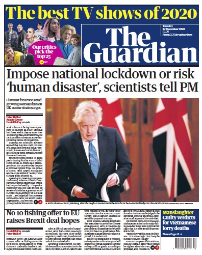 The Guardian Newspaper Front Page (UK) for 22 December 2020