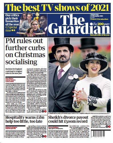 The Guardian Newspaper Front Page (UK) for 22 December 2021