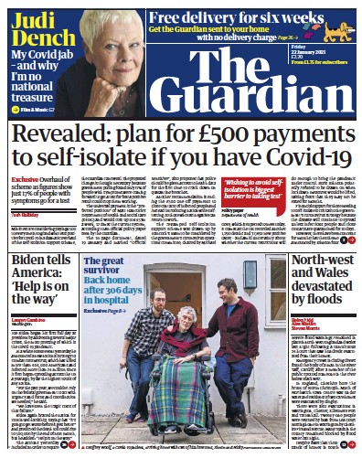 The Guardian Newspaper Front Page (UK) for 22 January 2021