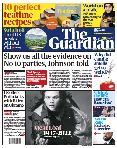 The Guardian Newspaper Front Page (UK) for 22 January 2022